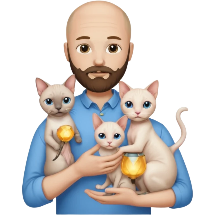 A couple, a man and a woman. The man, who is bald with a beard and wearing a blue shirt, is holding a Siamese cat in his arms. The woman, who has light hair and is wearing a white dress, is holding a white Sphynx cat in her arms emoji