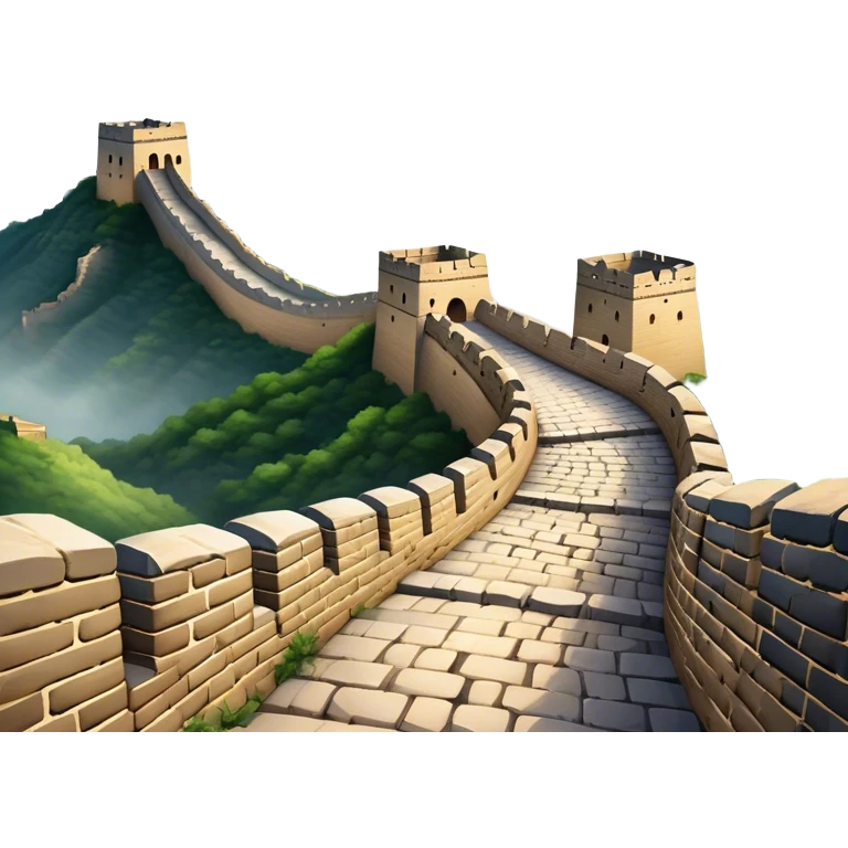 Cinematic Realistic Great Wall of China Landmark Emoji, depicted with ancient stone pathways winding over rugged mountains, watchtowers punctuating the misty landscape, and soft golden sunlight casting dramatic shadows. emoji