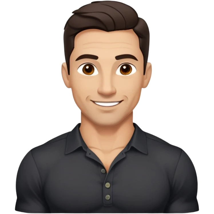 Very fit muscular 40-year-old with youthful looks, light brown skin, elongated face, strong defined jawline, charming confident smile, medium dark eyes, arched eyebrows, straight nose, buff physique, medium wavy dark hair, wearing a slightly tight black button-up shirt emoji