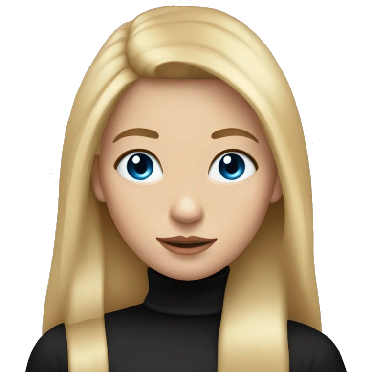 A blonde girl with long straight hair and blue eyes and black bows on her head and wearing a black turtleneck emoji