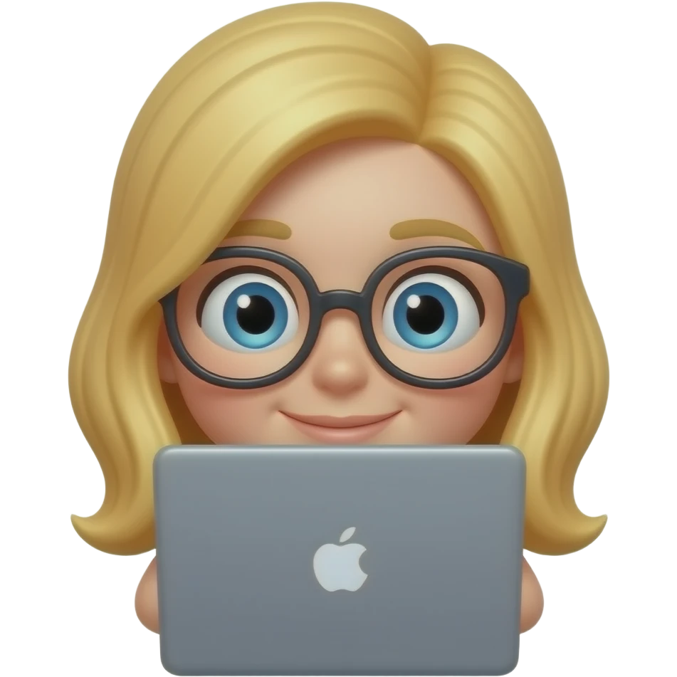 3D emoji-style female character with blode hair and big glasses, eyes wide, peeking over a laptop, emoji