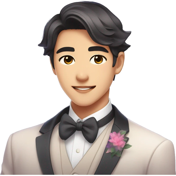 Gorgeous romantic anime style Asian formal modern gentlemanly guy with and flowers and blushing face aesthetic trending style outside with colorful gradient colors emoji