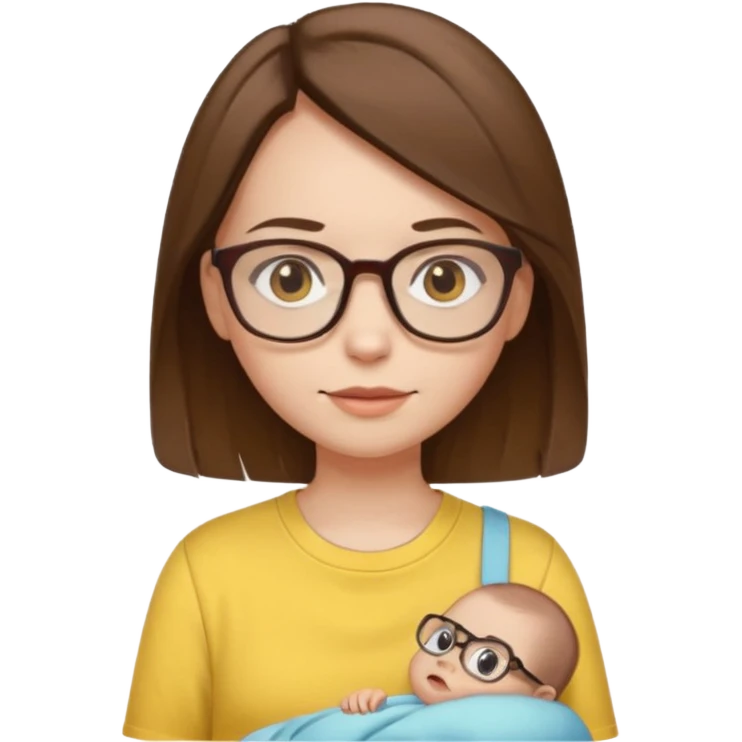 female with white skin. Shoulder length straight brown hair. Brown eyes with glasses. Female wearing baby yellow shirt. emoji
