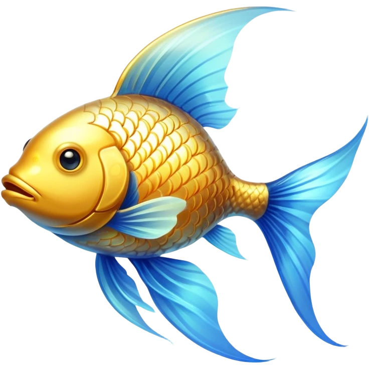 Ethereal golden fish symbol glowing with soft radiance, surrounded by a subtle blue aura. The fish has flowing, graceful lines with shimmering scales and translucent fins that appear to be moving in water. emoji