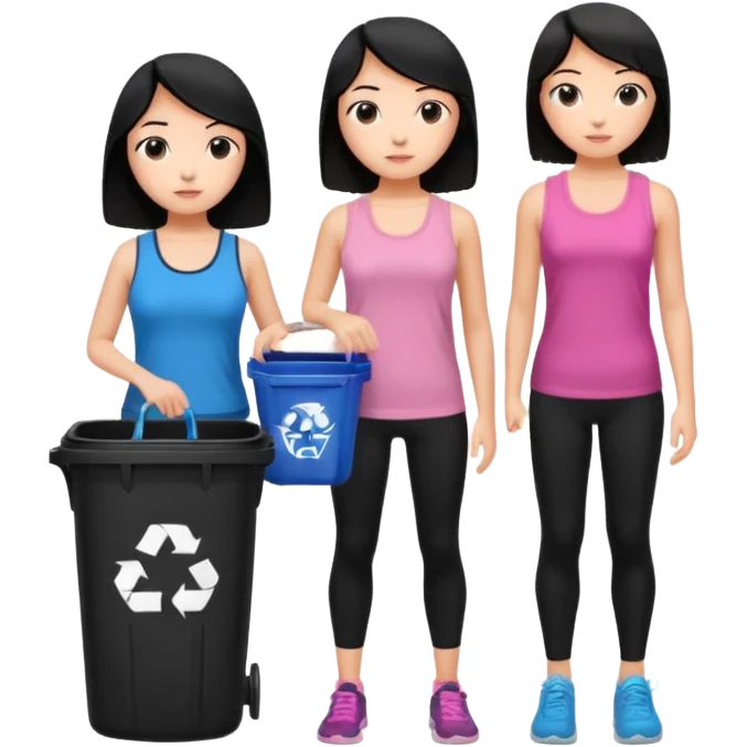 generate a genmoji of a black haired girl in a pink tank top and black leggings holding a black trash bag. Standing with her is a brunette girl in a similar blue tank top and black leggings.
Standing in front of a dustbin emoji