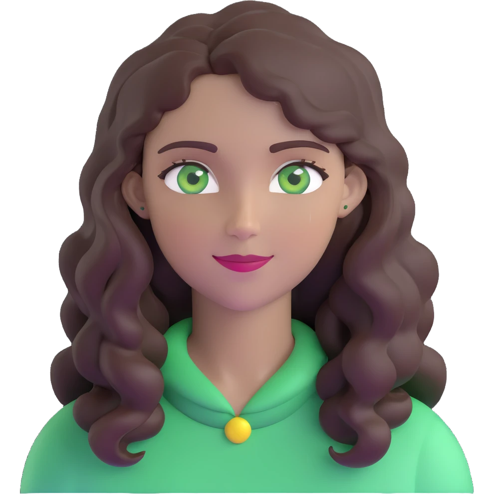 woman with wavy dark brown hair and green eyes, friendly expression emoji