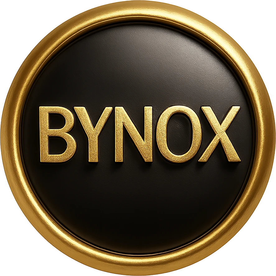 gold and black luxury-themed emoji with the text 'BYNOX' in the center, shiny metallic style, elegant design, premium vibe, 3D effect, dark background, stylish typography, minimal but powerful, try a different font, suitable for use in Telegram as a custom emoji, no background emoji