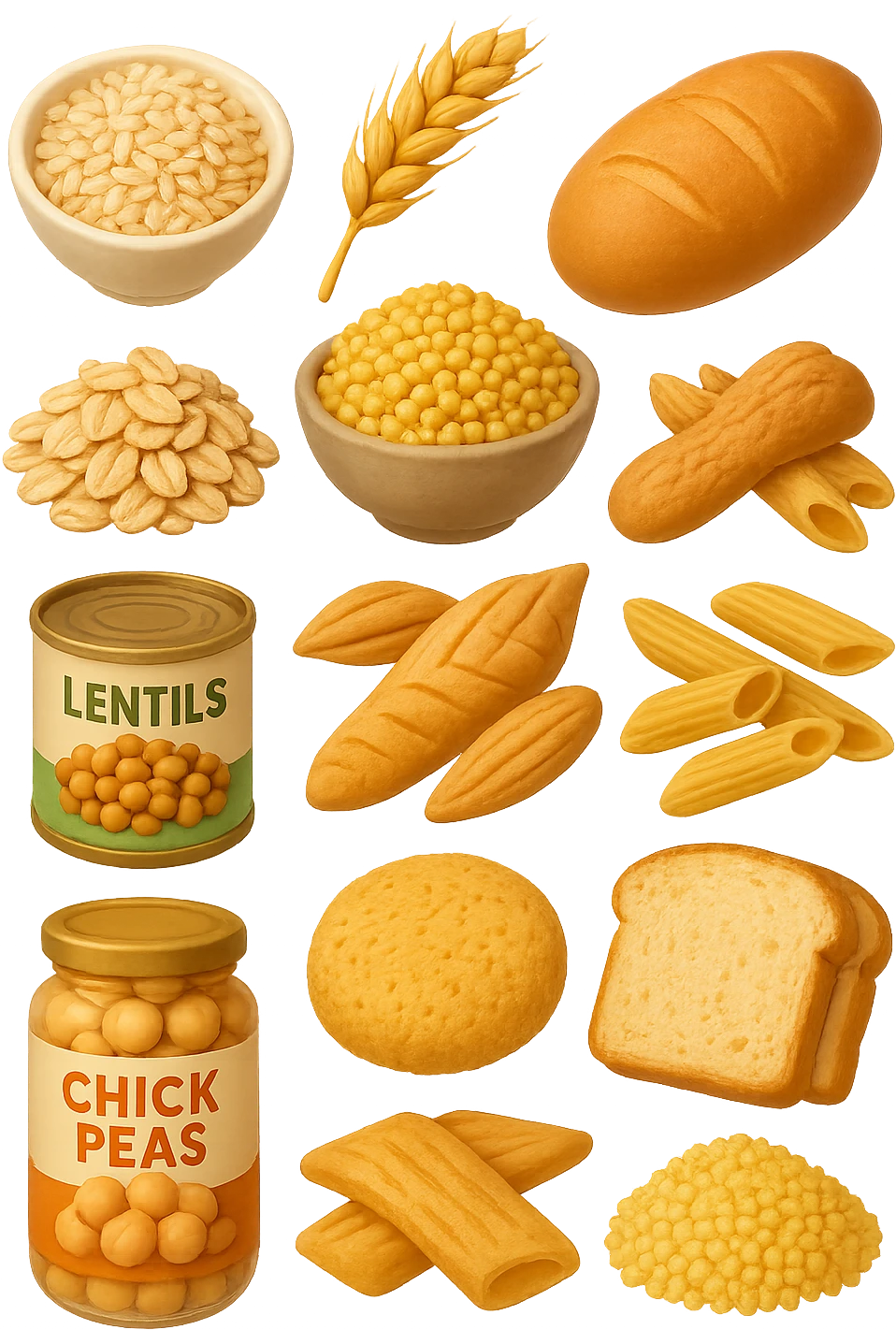 emoji stile iphone 3d di questi elementi che fluttuano in aria:

Riso, quinoa, avena, miglio, couscous senza glutine
Pasta e pane gluten-free
Farro a lievitazione lunga
Lenticchie e ceci in scatola

 che fluttuano sparse casualmente in aria, iperealistico 4k emoji