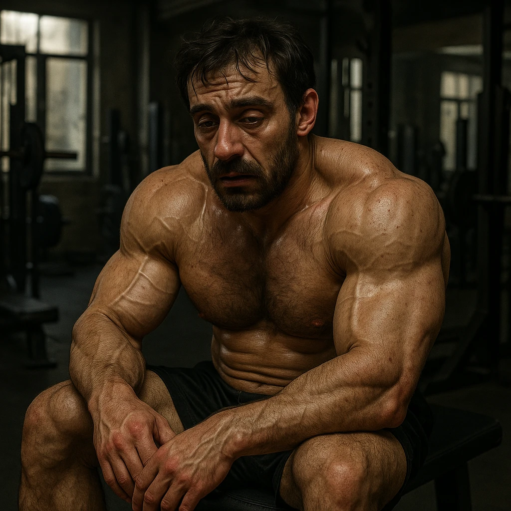  bodybuilder che fa cicli senza base di testosterone, con letargia iper realistica, in italiano se usi testo emoji