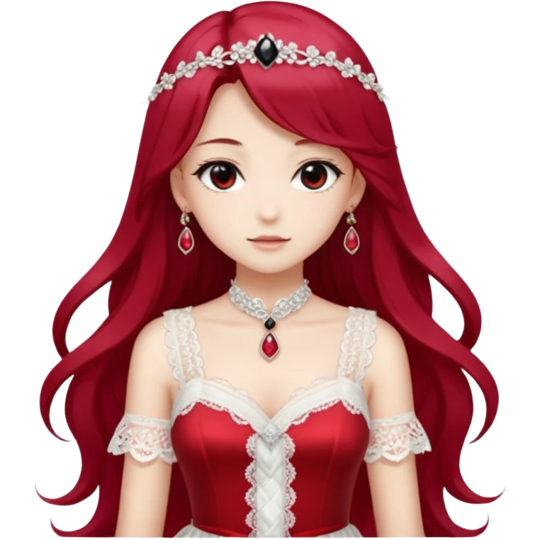 Beautiful shiny Gorgeous Anime Lady with long hair with a beautiful white silky lace dress and rubies and onyx gems  emoji