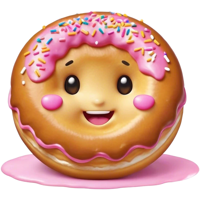 Cinematic tiny happy donut, round and fluffy, golden brown with pink icing and sprinkles, tiny adorable face with blushing cheeks, warm glowing background. emoji