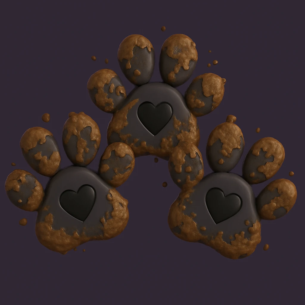 Make the two black puppy paws look muddy, keep the black heart around them and original style (original style slug: 3d-emoji) emoji