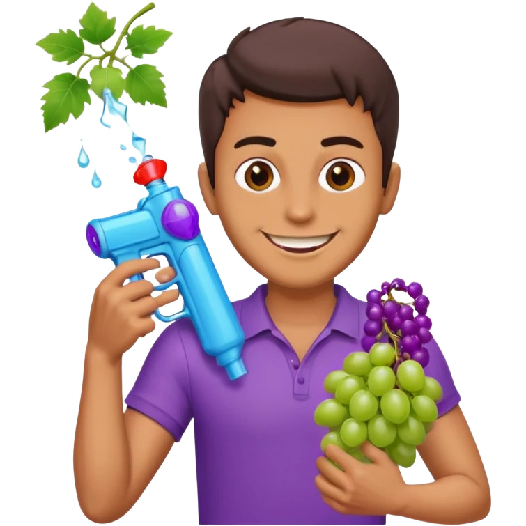 guy holding water gun and grapes with a creepy smile emoji