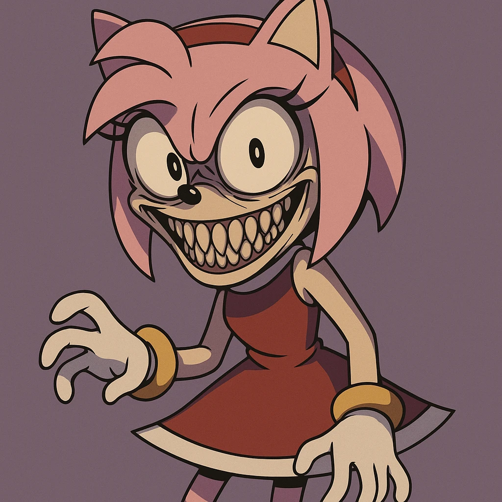 Amy Rose, Sonic character, creepy expression, exaggerated horror features, unsettling smile, dramatic shadows emoji