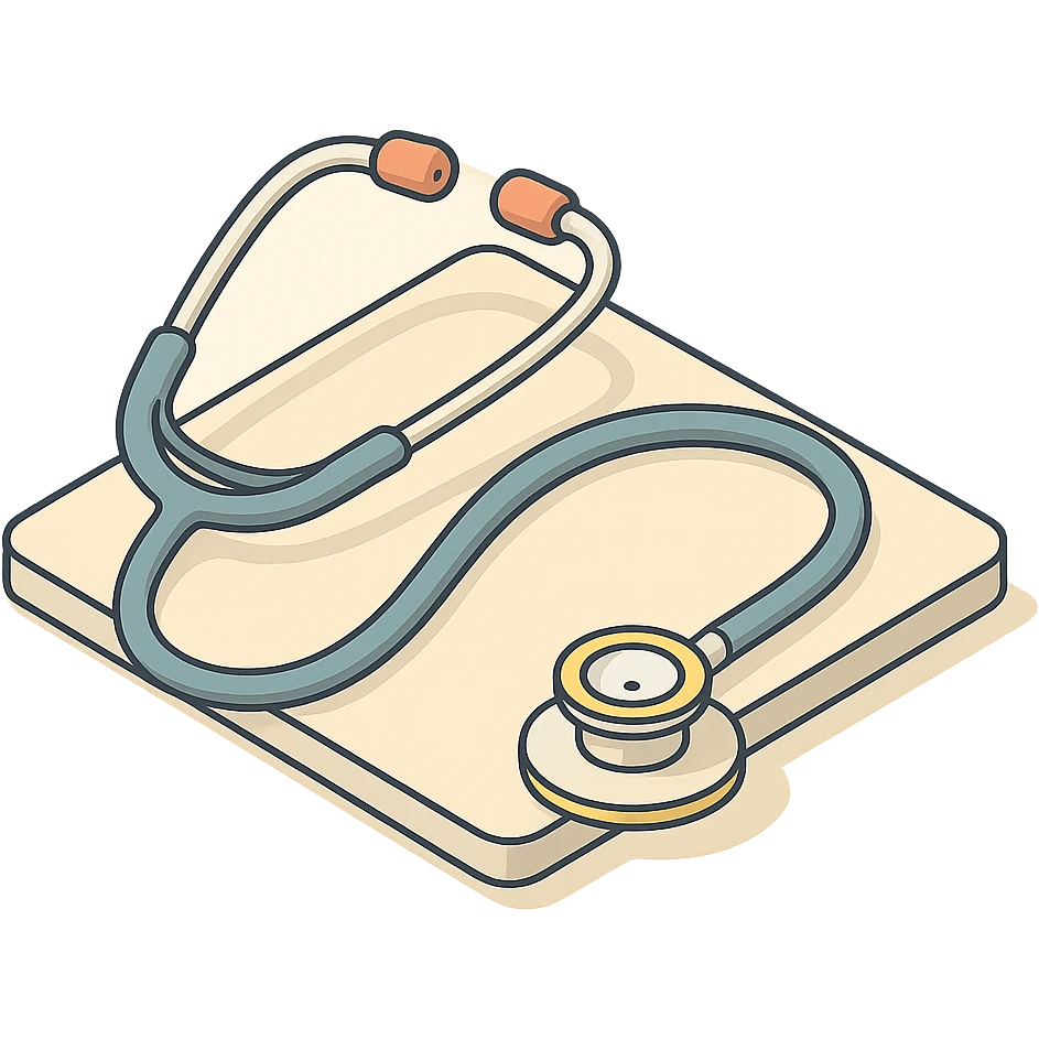 stethoscope lying on a table, isometric view, 2D isometric style, detailed drawing, detailed shadows and highlights, clean contours, soft lighting, transparent background emoji