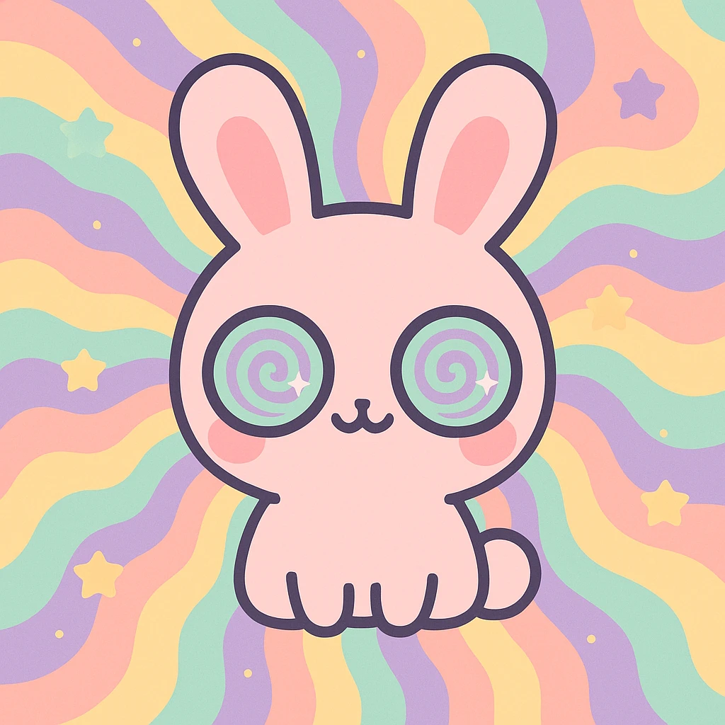 a cute rabbit with hypnotic eyes, entrancing anyone who looks, with a psychedelic background, playful style emoji