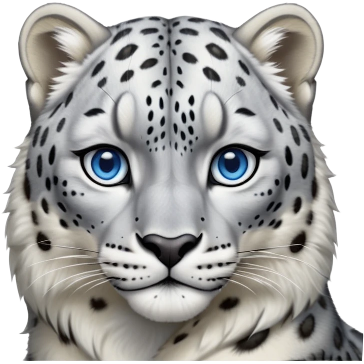 Cinematic-Noble-Snow-Leopard-Portrait-Emoji – Poised and majestic, with a muscular, agile build and a beautifully patterned coat of soft white and grey fur, marked with striking, deep-set, intelligent icy blue eyes, simplified yet sharp and sophisticated zoomed out showing the shoulders emoji