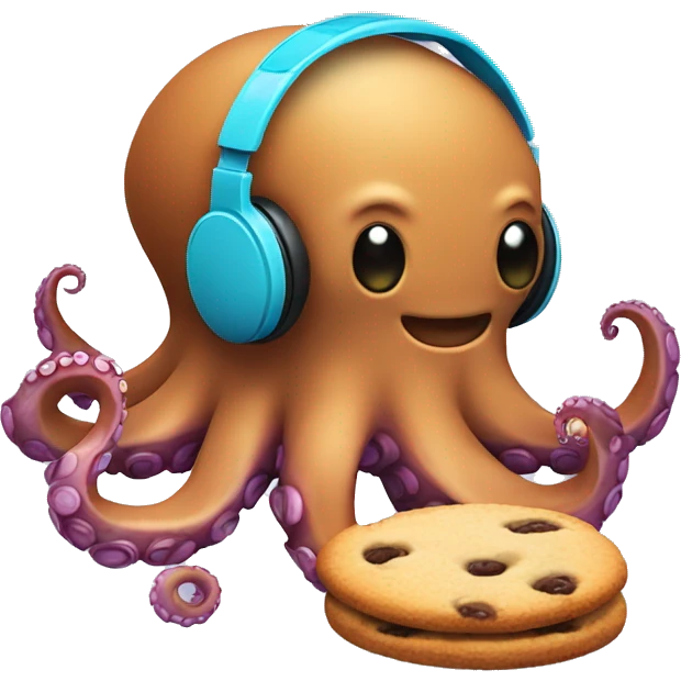 Octopus with headphones enjoying music while eating a cookie emoji