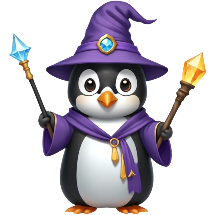 A penguin wearing a wizard hat and robe, holding a magic wand emoji