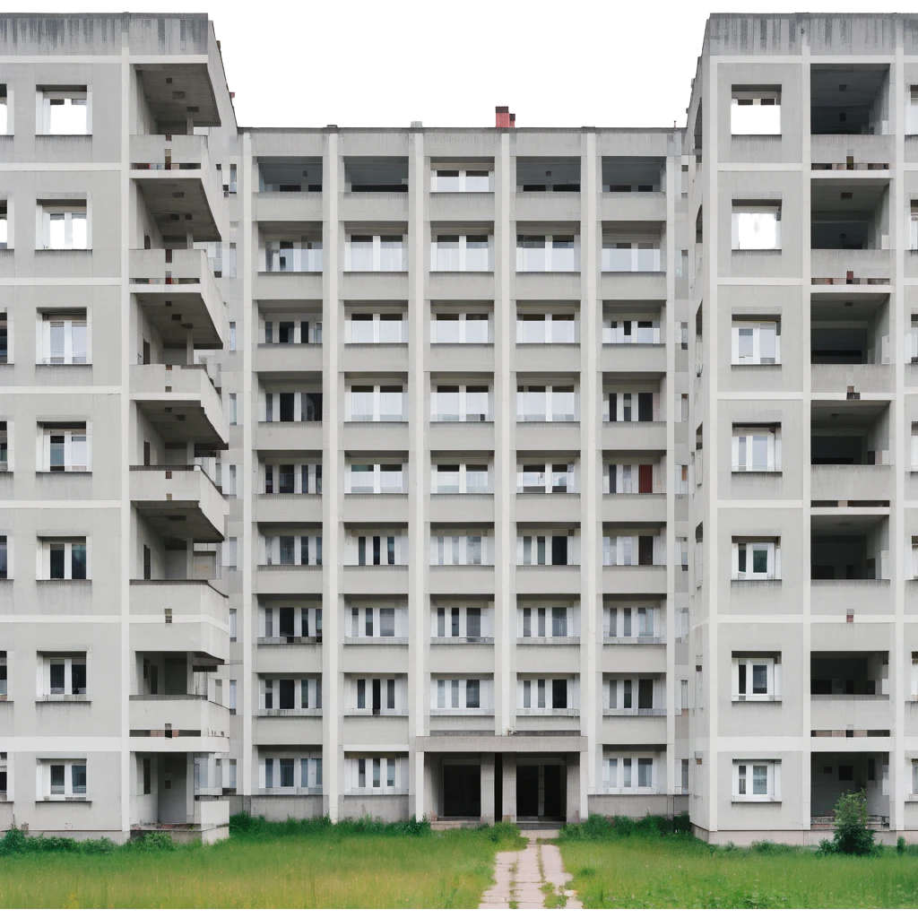 Soviet-era panel apartment building with rows of identical windows, gray concrete facade, flat roof, typical Russian multi-story residential building emoji