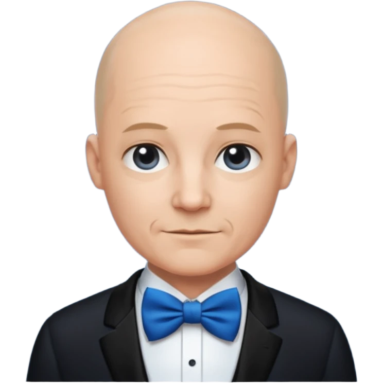 Bald with blue bow tie, midnight balck dress, middle age. emoji