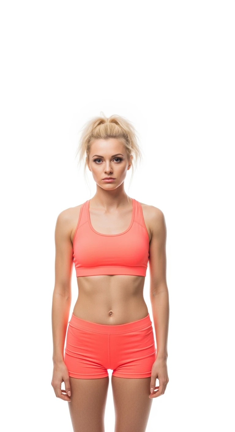 donna fitness molto magra ma con espressione triste, isolata su sfondo bianco emoji