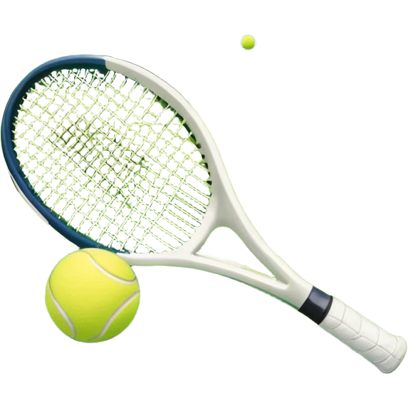 A tennis racket resting on the green grass of a tennis court, with a tennis ball placed nearby and the net stretching across the court. The background captures the fresh, open atmosphere of a traditional grass court, emphasizing the elegance and precision of the sport. emoji
