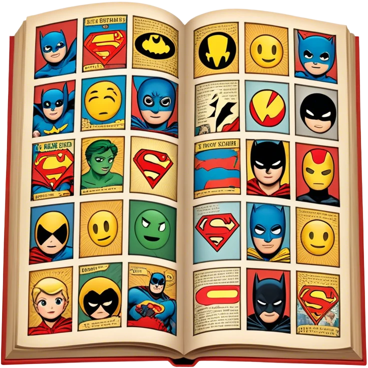 detailed and vintage-inspired emoji representing comic books and graphic novels as a storytelling art form. a large, open comic book with pages filled with classic American comic book panels. classic feel of old-school comic books a graphic novel. background transparent emoji
