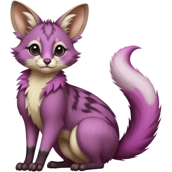 Magenta, purple-pointed, soft realistic romantic vintage antique divine beautiful elegant pretty precious cute young youthful  Fakémon-Pokémon-opossum-feline-mouse-serval-caracal-chinchilla-Minccino-Cinccino-Meowstic-rodent-hybrid-creature with a big fluffy bushy tail (full body) emoji