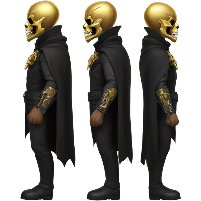 Bounty Hunter Boss with black cape and a gold skull jaw mask from death Stranding, full body view emoji