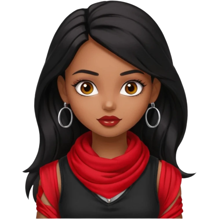 a pretty bratz dusky girl with long black hair, kajal under eyes, small silver hoop. black tank top on. Red scarf around neck emoji