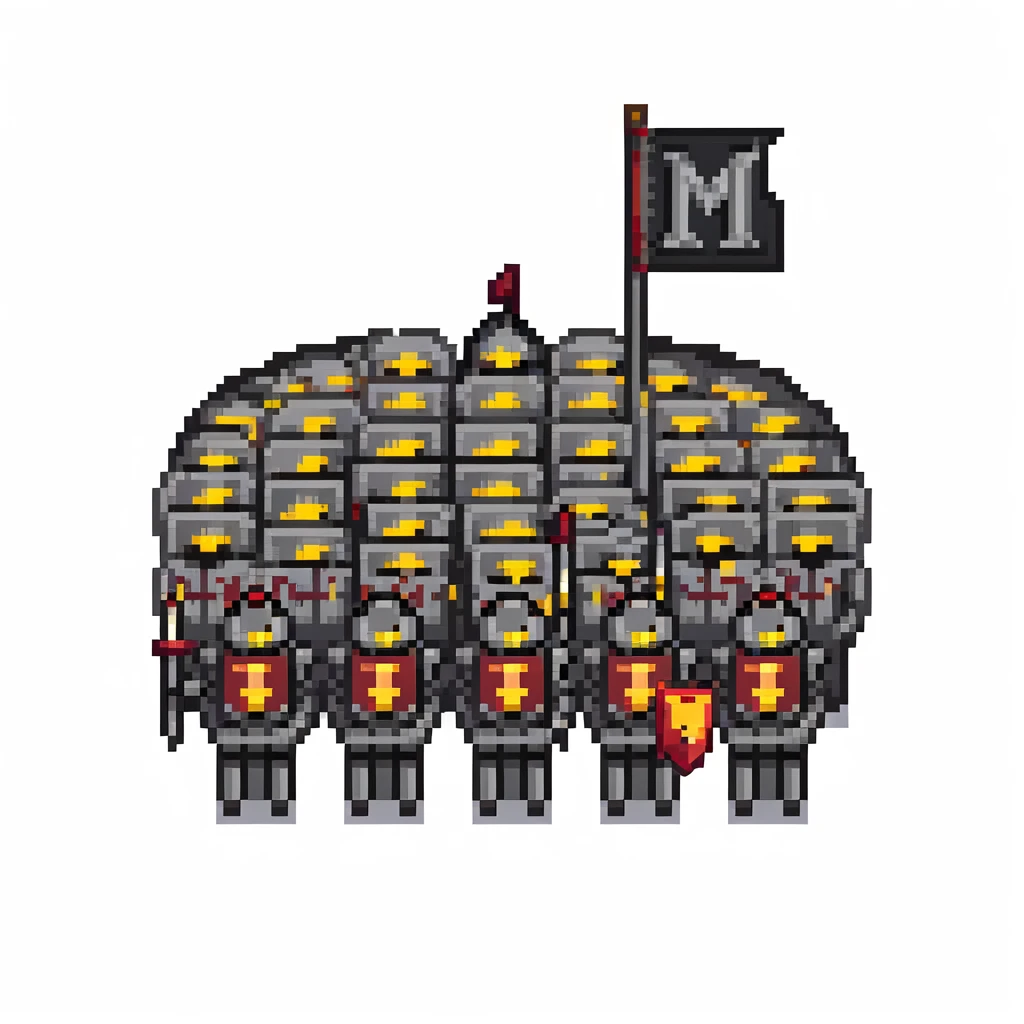 crowd of black knights with a black flag with letter M emoji