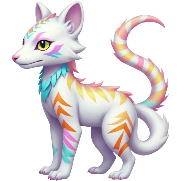 Colorful tropical tribal pale light fruity pastel white glorious iridescent divine exotic cute albino neon vibrant zigzagged cool beautiful fantasy-caracal-civet-genet-sergal-vernid-Gryphon-Cacomistle-Trico-oncilla-animal-Fakémon-hybrid-fursona (full body), facial markings,  emoji
