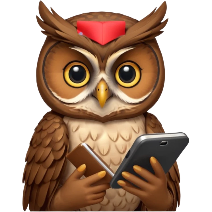 Сова  держит телефон крылом, внимательно слушает, блокнот под лапой  emoji