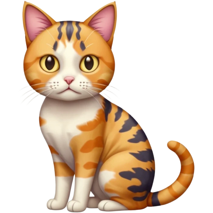 full body colourful calico tabby cat with disproportioned head with an anxious face emoji