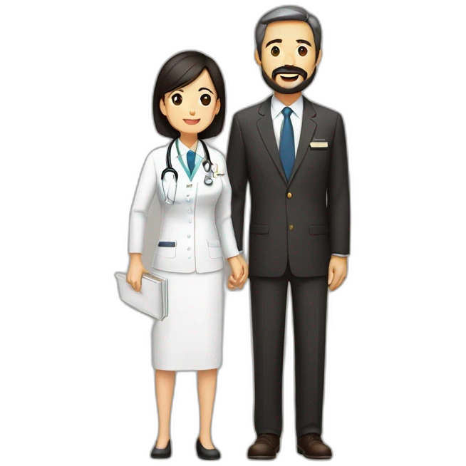 husband american age 64 dark brown hair trimmed beard wearing business suit holding bible, wife asian age 64 black shoulder length hair wearing nurse uniform, no children emoji
