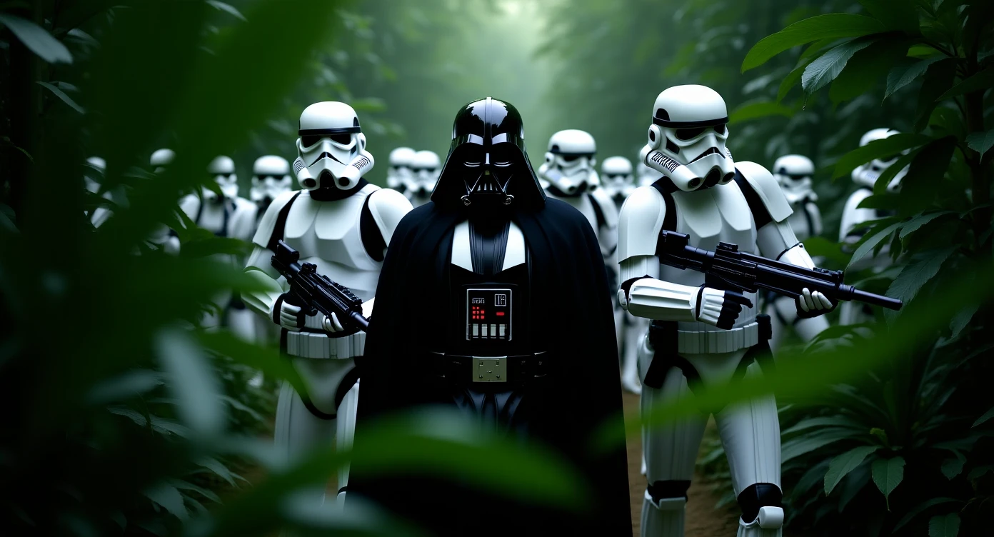 Portrait photo, Closeup shot, amazon jungle,  blurred plants in the foreground (frame within a frame), Darth Vader around stormtroopers coming out from starship on ground, they are exploring the jungle emoji