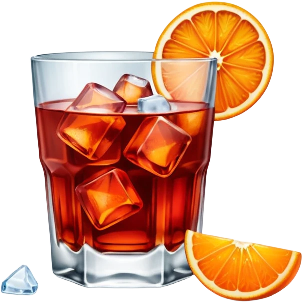 A short glass with bright red Negroni, ice cubes, and an orange wedge on top. emoji