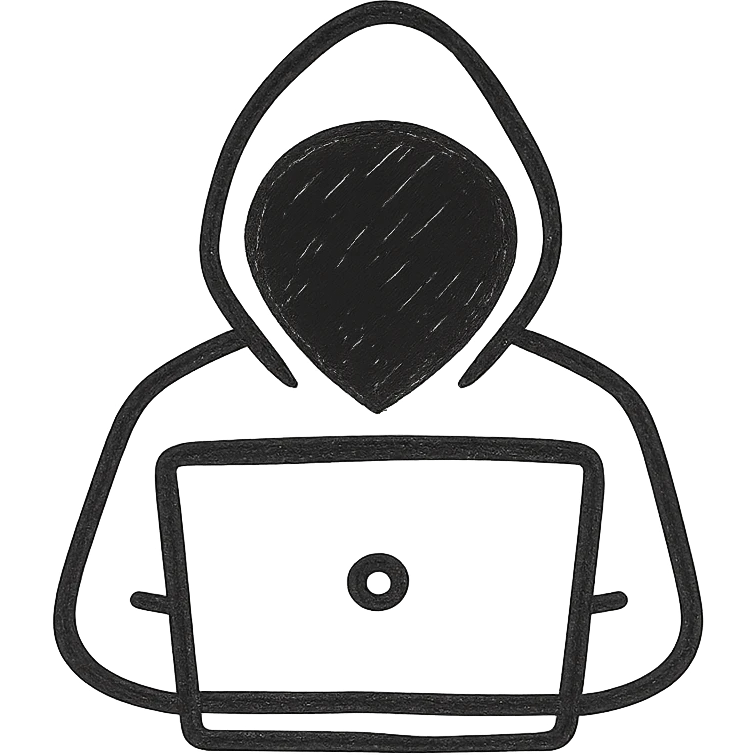 silhouette of a hooded hacker, sitting at a computer, no background emoji