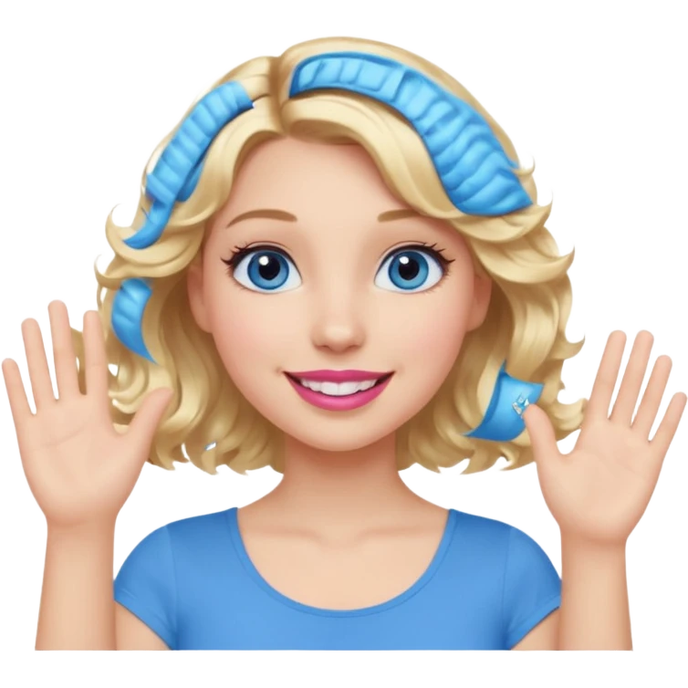 Girl Blonde short wavy hair,  blue eyes, cute blue top, long lashes, pink lips, smiling, hand in the air emoji