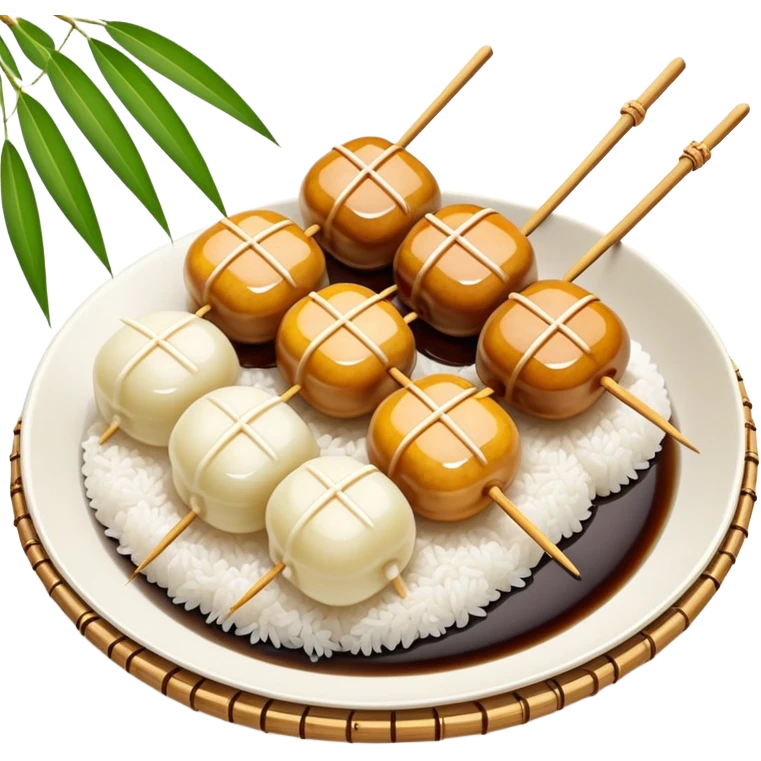 Mitarashi dango with shiny soy sauce glaze drizzled over white rice dumplings on a bamboo skewer emoji
