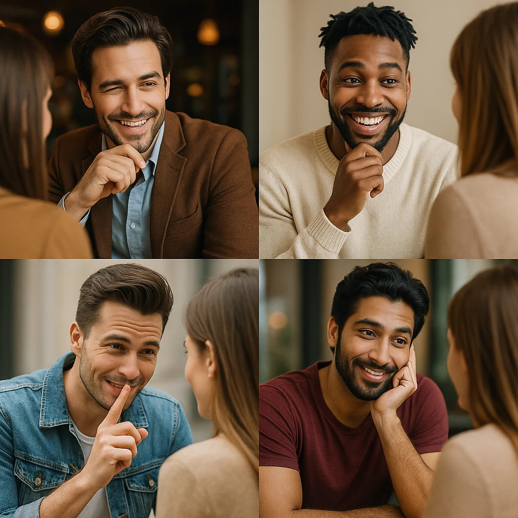charming man flirting, varied styles, different types of men, different flirting situations emoji