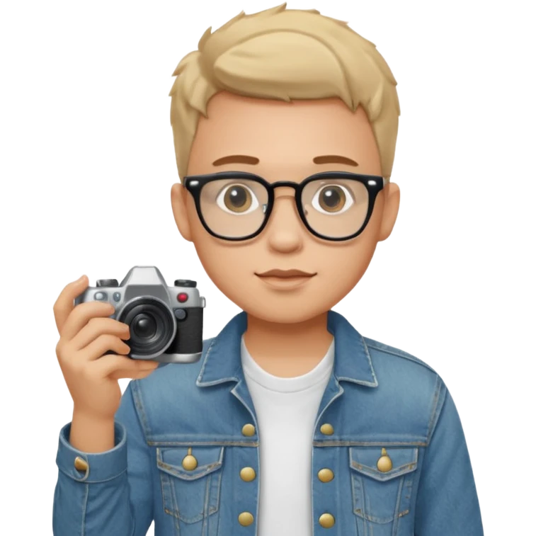 Young male, holding camera, jean jacket with white t-shirt inside, glasses


 emoji