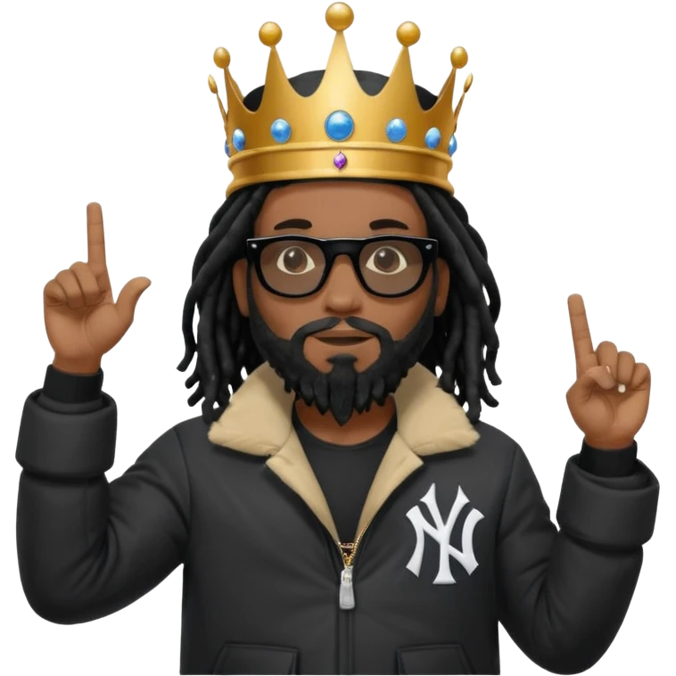 African American man with shoulder length black dreadlocks with black beard wearing black sunglasses wearing Crown on his head wearing a black bubble New York Yankees logo winter coat pointing up emoji