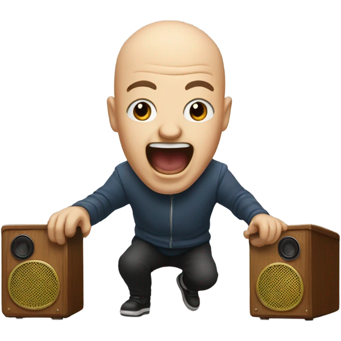 A bald man riding a speaker yelling “band!” emoji