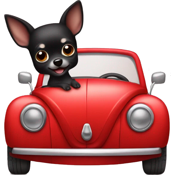 black chihuahua in a red beetle convertible emoji