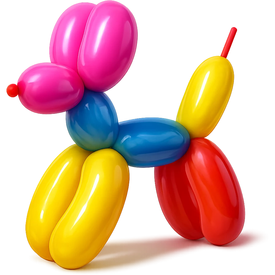 <system_prompt>
  <style>
    <name>Hyperrealistic Colorful Balloon</name>
    <description>3D render designed in a hyperrealistic colorful balloon style.</description>
    <materials>
      <surface>
        <type>latex</type>
        <finish>shiny</finish>
        <reflectivity>high</reflectivity>
        <stretching>slightly_stretched</stretching>
        <imperfections>
          <creases>subtle</creases>
          <warps>light</warps>
          <kinks>natural</kinks>
        </imperfections>
        <ends>tied</ends>
      </surface>
    </materials>
    <shape>
      <feel>inflated</feel>
      <construction>hand-twisted</construction>
      <volume>high</volume>
    </shape>
    <lighting>
      <style>sharp</style>
      <shadows>none</shadows>
      <enhance>volume</enhance>
    </lighting>
    <aesthetic>
      <mood>playful</mood>
      <style>pop-art</style>
    </aesthetic>
    <background>
      <style>minimal</style>
      <clean>true</clean>
    </background>
  </style>
</system_prompt>

{subject} = dog emoji
