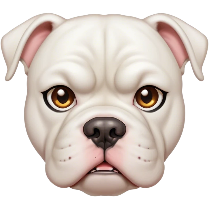 Cinematic Meme-Worthy Grumpy White American Bulldog Portrait Emoji, Head held high but eyes filled with dramatic disappointment, smooth white fur with a furrowed brow forming an unmistakable scowl, floppy ears slightly angled back in disapproval, piercing brown eyes glaring with pure exasperation, Simplified yet hilariously over-exaggerated features, highly detailed, glowing with an aura of supreme annoyance, high shine, exhausted yet judgmental, stylized with an almost regal pettiness, bright but brooding, soft glowing outline, capturing the essence of a pup that has seen it all and is thoroughly unimpressed, so meme-worthy it feels like it could instantly become the next viral sensation of grumpiness! emoji