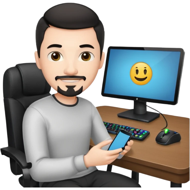 a setup of a youtuber, white skin, thin goatee, black short hair, with a desktop pc on a table, a gaming chair, microphone, no headset phone emoji