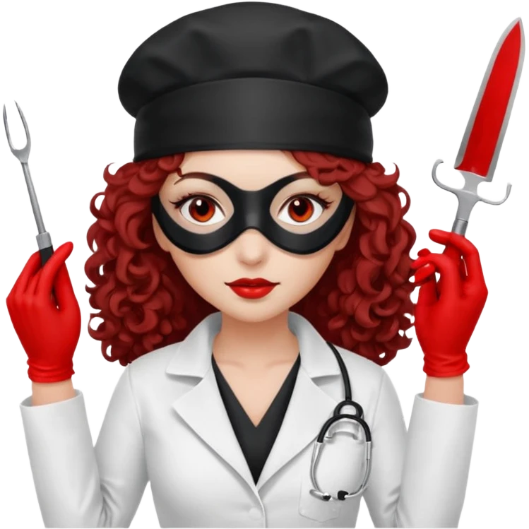 


Scary woman scalpel in hand, evil surgeon sexy surgeon clothes.  She has redcolored  eyes. Her  hair only is free ne brown long curly hair. Wears sexy doctor outfit with red gloves. make her wear full ski mask yo mask and nose mouth mask  to hide. Wears white surgeon coat, wears  stilettos emoji